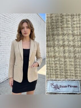Vintage Evan Picone Women’s Small Cream Beige Plaid Tweed Wool Blazer Jacket